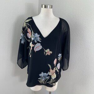 White House Black Market Womens Large Floral V Neck Blouse Top Kimono Sleeve Top